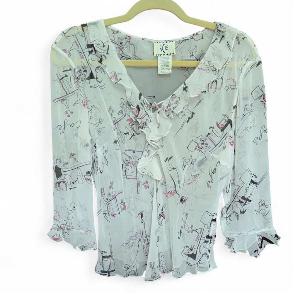 Vintage iCE Silk Ruffle Café Print Blouse Sheer Novelty size XL